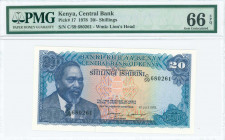 KENYA: 20 Shillings (1.7.1978) in blue-black and blue on multicolor unpt with Mzee Jomo Kenyatta. S/N: "C/59 680261". WMK: Lion head. Printed by (TDLR...