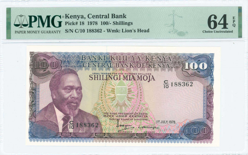 KENYA: 100 Shillings (1.7.1978) in purple, dark brown and dark blue on multicolo...