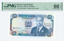 KENYA: 20 Shillings (12.12.1988) in dark blue and multicolor with President Daniel Toroitich Arap Moi at center right. S/N: "F/49 475213". WMK: Lion h...