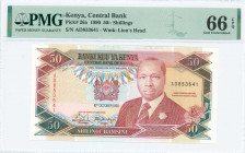 KENYA: 50 Shillings (10.10.1990) in red-brown on multicolor unpt with President Daniel Toroitich Arap Moi at center right. S/N: "AD 853641". WMK: Lion...