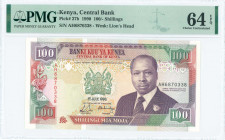 KENYA: 100 Shillings (1.7.1990) in multicolor with President Daniel Toroitich Arap Moi at center right. S/N: "AH 6870338". WMK: Lion head. Printed by ...