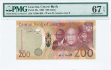 LESOTHO: 200 Maloti (2015) in brown, purple and green on multicolor with King Letsie III, Moshoeshoe I and Moshoeshoe II at center right. S/N: "AD 001...