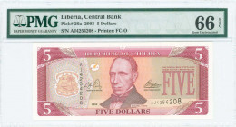LIBERIA: 5 Dollars (2003) in red and brown on yellow unpt with President Edward James Roye at center. S/N: "AJ 4254208". Printed by (F-CO). Inside hol...