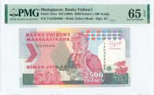 MADAGASCAR: 2500 Francs = 500 Ariary (ND 1993) in multicolor with old Malagasy woman sewing at center. S/N: "YA 5458466". WMK: Head of Zebu cattle. Si...