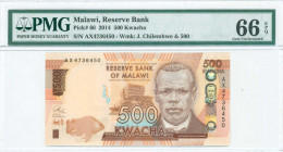 MALAWI: 500 Kwacha (1.1.2014) in brown, orange and light blue on multicolor unpt with John Chilembwe at center right. S/N: "AX 4736450". WMK: John Chi...