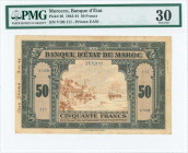 MOROCCO: 50 Francs (1.8.1943) in black and light brown with fortress at left, sailing ship at right. S/N: "V103 111". Printed by EAW. Inside holder by...