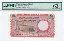 NIGERIA: 1 Pound (ND 1967) in red and dark brown with building of Central Bank of Nigeria in Lagos at center left. S/N: "B/85 616604". WMK: Lion head....