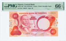 NIGERIA: 1 Naira (ND 1979-84) in red on orange and multicolor unpt with Herbert Macaulay at center left. S/N: "M/1 138078". WMK: Heraldic eagle. Signa...