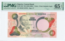 NIGERIA: 1 Naira (ND 1984-00) in red, violet and green with Herbert Macaulay at center left. S/N: "DB/50 547678". WMK: Heraldic eagle. Signature #7 wi...