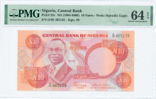 NIGERIA: 10 Naira (ND 1984-00) in red-violet and orange on multicolor unpt with Alvan Ikoku at center left. S/N: "O/65 465138". WMK: Heraldic eagle. S...