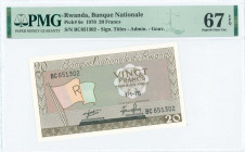 RWANDA: 20 Francs (1.1.1976) in brown on multicolor unpt with flag of Rwanda at left. S/N: "BC 651302". Signature titles by "ADMINISTRATEUR" and "GOUV...