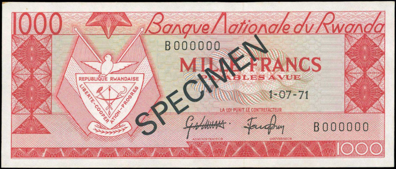 RWANDA: Specimen of 1000 Francs (1.7.1971) in red on multicolor unpt with Arms o...