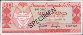 RWANDA: Specimen of 1000 Francs (1.7.1971) in red on multicolor unpt with Arms of Rwanda at left. S/N: "B 000000". Black diagonal ovpt "SPECIMEN" at c...