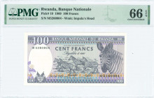 RWANDA: 100 Francs (24.4.1989) in black on multicolor unpt with zebras at center and right. S/N: "M 5260904". WMK: Impala head. Inside holder by PMG "...