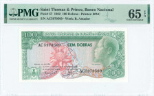 SAINT THOMAS & PRINCE: 100 Dobras (30.9.1982) in green and multicolor with Rei Amador at right. S/N: "AC 5970569". WMK: Rei Amador. Printed by BWC. In...