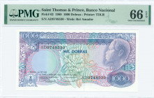 SAINT THOMAS & PRINCE: 1000 Dobras (Law 4.1.1989) in blue, green and multicolor with bananas at center, Rei Amador at right and Arms at lower left. S/...