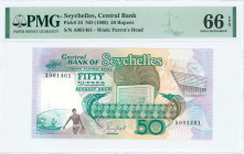 SEYCHELLES: 50 Rupees (ND 1989) in dark green and brown on multicolor unpt with two men in boat at lower left, prow of boat at upper right and bank bu...