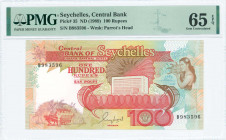 SEYCHELLES: 100 Rupees (ND 1989) in red and brown on multicolor unpt with men in ox-cart at lower left, girl with shell at upper right and bank buildi...