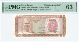 SIERRA LEONE: 50 Cents (1.7.1980) commemorating banknote in dark brown on multicolor unpt with President Siaka P Stevens at left. Low S/N: "A/1 000793...
