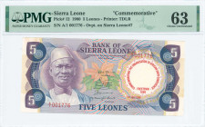 SIERRA LEONE: 5 Leones (1.7.1980) commemorating banknote in purple and blue-black on multicolor unpt with President Siaka P Stevens at left. S/N: "A/1...