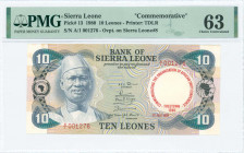 SIERRA LEONE: 10 Leones (1.7.1980) commemorating banknote in blue-gray, black and blue-green on multicolor unpt with President Siaka P Stevens at left...