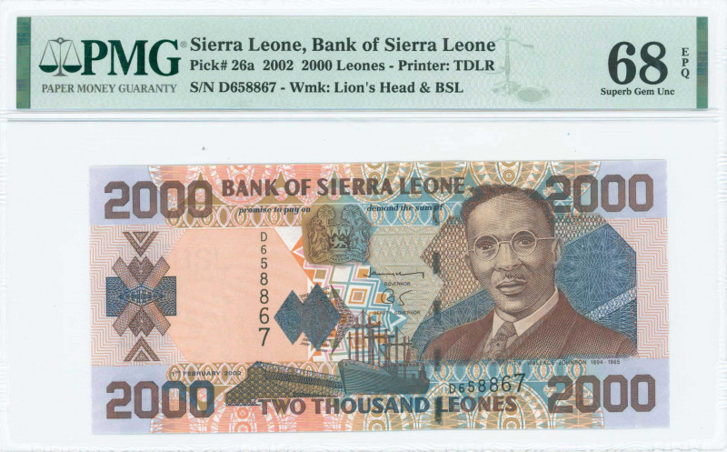 SIERRA LEONE: 2000 Leones (1.2.2002) in brown and blue on multicolor unpt with W...