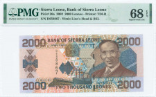 SIERRA LEONE: 2000 Leones (1.2.2002) in brown and blue on multicolor unpt with Wallace-Johnson at right, and cargo ship and storage shed at center. WM...