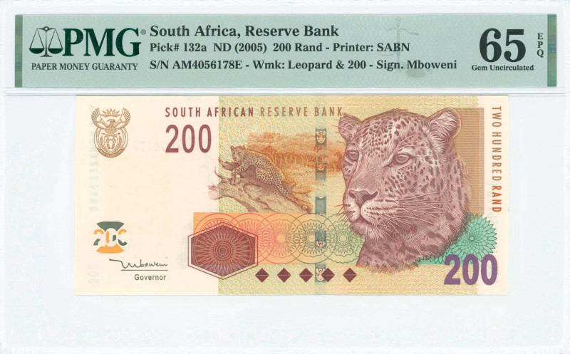 SOUTH AFRICA: 200 Rand (ND 2005) in brown on green and multicolor unpt with leop...