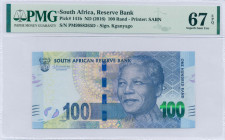 SOUTH AFRICA: 100 Rand (ND 2016) in blue on multicolor with Nelson Mandela at right. S/N: "PM 9988265 D". Signature by Kganyago. Printed by (SABN). In...