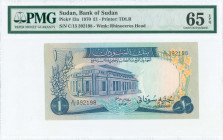 SUDAN: 1 Pound (1970) in blue on multicolor unpt with Bank of Sudan at left. S/N: "C/15 392198". WMK: Rhinocero head. Printed by TDLR. Inside holder b...