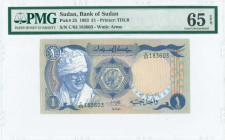 SUDAN: 1 Pound (1983) in blue on multicolor unpt with President J Nimeiri wearing national headdress at left. S/N: "C/83 183603". WMK: Arms. Printed b...