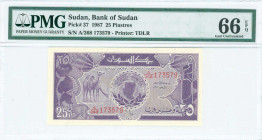 SUDAN: 25 Piastres (1987) in purple on multicolor unpt with camels at left and outline map of Sudan at center. S/N: "A/268 173579". WMK: Arms. Inside ...