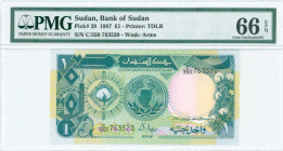 SUDAN: 1 Pound (1987) in green and blue on multicolor unpt with cotton boll at left and outline map of Sudan at center. S/N: "C/350 763520". WMK: Arms...