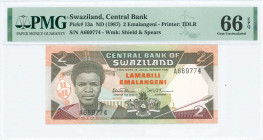 SWAZILAND: 2 Emalangeni (ND 1987) in dark brown and orange on multicolor unpt with King Mswati III at left. S/N: "A 669774". WMK: Shield and spears. P...