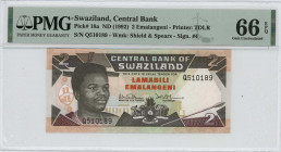 SWAZILAND: 2 Emalangeni (ND 1992) in dark brown on multicolor unpt with King Mswati III at left. S/N: "Q 510189". WMK: Shield and spears. Signature #4...