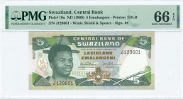SWAZILAND: 5 Emalangeni (ND 1990) in dark green, dark brown and light green on multicolor unpt with King Mswati III at left. S/N: "J 129601". Signatur...