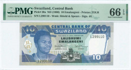 SWAZILAND: 10 Emalangeni (ND 1990) in dark blue and black on multicolor unpt with King Mswati III at left. S/N: "L 299110". WMK: Shield and spears. Si...