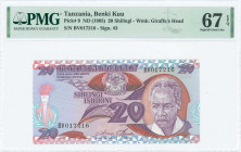 TANZANIA: 20 Shilingi (ND 1985) in purple and brown on multicolor unpt with President Julius Kambarage Nyerere at right and Arms at upper center. S/N:...