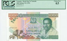 TANZANIA: 1000 Shilingi (ND 1990) in green and brown on multicolor unpt with modified portrait of President Mwinyi at right. S/N: "AE521111". WMK: Gir...