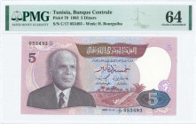 TUNISIA: 5 Dinars (3.11.1983) in red-brown and purple on lilac unpt with Habib Bourguiba at left and desert scene at bottom center. S/N: "C/17 053493"...