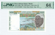 WEST AFRICAN STATES / BENIN: 500 Francs (1991) in dark brown and dark green on multicolor unpt with flood control dam at center and man at right. S/N:...