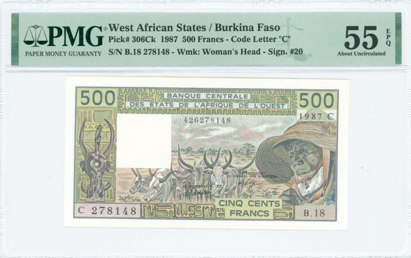 WEST AFRICAN STATES / BURKINA FASO: 500 Francs (1987) in pale olive-green and mu...