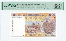 WEST AFRICAN STATES / BURKINA FASO: 1000 Francs (1998) in dark brown-violet on tan, yellow and multicolor unpt with woman at right and workmen hauling...