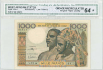 WEST AFRICAN STATES / IVORY COAST: 1000 Francs (ND 1959-1965) in brown, blue and multicolor with man and woman at center. S/N: "V.99 04973". Code lett...