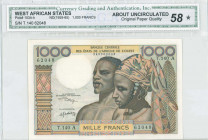 WEST AFRICAN STATES / IVORY COAST: 1000 Francs (ND 1959-1965) in brown, blue and multicolor with man and woman at center. S/N: "T.140 62048". Code let...