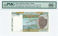 WEST AFRICAN STATES / NIGER: 500 Francs (1994) in dark brown and dark green on multicolor unpt with man at right. S/N: "9436718816". Code letter H. WM...