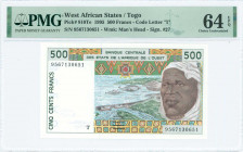WEST AFRICAN STATES / TOGO: 500 Francs (1995) in dark brown and dark green on multicolor unpt with flood control dam at center and man at right. S/N: ...