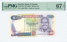 ZAMBIA: 100 Kwacha (ND 1991) in purple, red and blue on multicolor unpt with President Kenneth Kaunda at right and African fish eagle at left. S/N: "A...