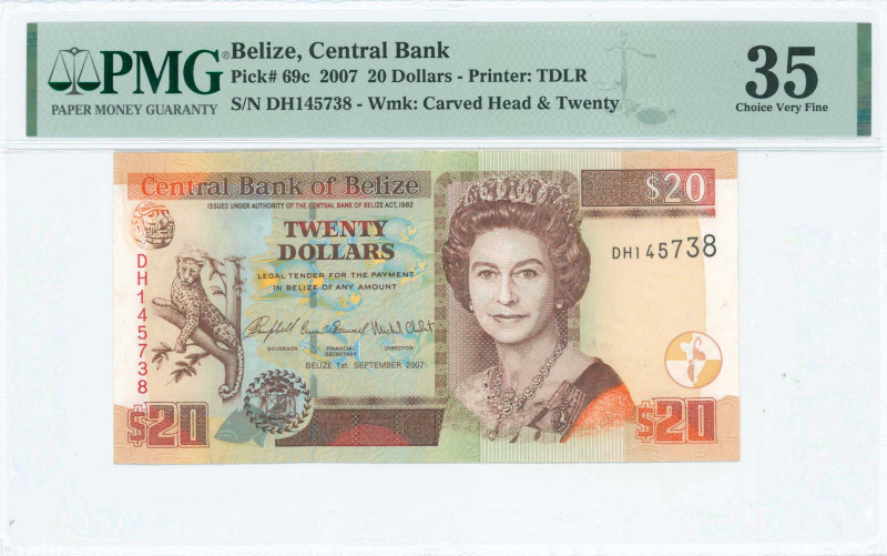 BELIZE: 20 Dollars (1.9.2007) with mature portait of Queen Elizabeth II at right...