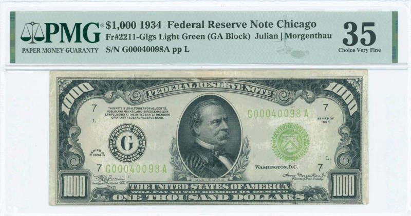 USA: 1000 Dollars (1934) with Grover Cleveland at center. S/N: "G00040098A". Ins...